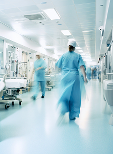 Motion blur photo of medical staff in light blue scrubs walking quickly down a bright hospital corridor.